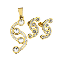Rhinestone Stainless Steel Jewelry Set, pendant & earring, with Rhinestone Clay Pave, gold color plated, for woman, 16x37x3mm, 9x19x15mm, Hole:Approx 5x7mm, Sold By Set