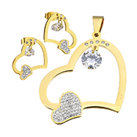 Cubic Zirconia Stainless Steel Jewelry Sets, pendant & earring, with Cubic Zirconia & Rhinestone Clay Pave, Heart, gold color plated, for woman, 37x45x3.5mm, 15x20x15mm, Hole:Approx 4x8mm, Sold By Set
