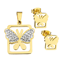 Rhinestone Stainless Steel Jewelry Set, pendant & earring, with Rhinestone Clay Pave, Butterfly, gold color plated, for woman, 26x30x3.5mm, 9.5x10x13.5mm, Hole:Approx 4.5x7mm, Sold By Set