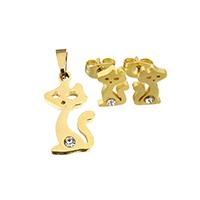 Ensemble bijoux strass en acier inoxydable, pendentif & boucle d'oreille, renard, Placage de couleur d'or, pour femme & avec strass, 9x16x2.5mm, 7x10x14mm, Trou:Environ 3.5x4mm, Vendu par fixé