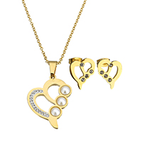 Resin Jewelry Sets, earring & necklace, Stainless Steel, with Resin Pearl & Rhinestone Clay Pave, Heart, gold color plated, oval chain & for woman & with rhinestone & hollow, 26x33x4mm, 2.5x2x0.5mm, 12.5x14x13.5mm, Length:Approx 20 Inch, Sold By Set