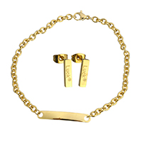 Parures de bijoux en acier inoxydable, Bracelet & boucle d'oreille, chance de mot, Placage de couleur d'or, chaîne ovale & pour femme, 30x5x1.5mm, 5x4x1mm, 3x12x14mm, Longueur:Environ 8.5 pouce, Vendu par fixé