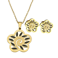 Enamel Stainless Steel Jewelry Set, earring & necklace, Flower, gold color plated, oval chain & for woman & hollow, 32x34x2mm, 2.5x2x0.5mm, 16x16x14mm, Length:Approx 20 Inch, Sold By Set