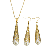 Parures de bijoux résine, boucle d'oreille & collier, acier inoxydable, avec perle résine, larme, Placage de couleur d'or, pour femme, 14x54x14mm, 2.5x2x0.5mm, 73mm, 14x54x14mm, Longueur:Environ 20 pouce, Vendu par fixé