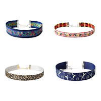 Embroidery Choker Grosgrain Ribbon with Zinc Alloy with 2.7lnch extender chain plated embroidered & for woman & leopard pattern nickel lead & cadmium free Length Approx 12.5 Inch Sold By Set