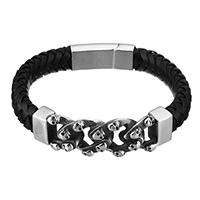 Men Bracelet, Cowhide, with Stainless Steel, Skull, for man & blacken, 59x17x8mm, 33x13x8mm, 12x7mm, Sold Per Approx 9 Inch Strand