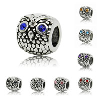 Tibetan Style European Beads, Owl, antique silver color plated, without troll & with rhinestone, more colors for choice, lead & cadmium free, 11mm, Hole:Approx 4-4.5mm, Sold By PC