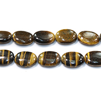 Tiger Eye Beads, Flad Oval, naturlig, forskellig størrelse for valg, Hole:Ca. 0.5-1.5mm, Længde Ca. 15.5 inch, Solgt af Lot