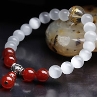 Cats Eye Bracelets, with Red Agate & Clear Quartz & Tibetan Style, Round, plated, for woman, 8mm, Length:Approx 6.5 Inch, 2Strands/Bag, Sold By Bag