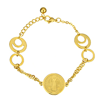 Bijoux bracelet en acier inoxydable, avec perle de verre, Plat rond, Placage de couleur d'or, avec le motif de lettre & pour femme, 24x18x2mm, 12x0.5mm, 15x0.2mm, Vendu par Environ 8.5 pouce brin