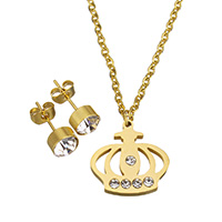 Ensemble bijoux strass en acier inoxydable, boucle d'oreille & collier, couronne, Placage de couleur d'or, chaîne ovale & pour femme & avec strass, 16x17x2.5mm, 2x2.5x0.3mm, 6x15mm, Longueur:Environ 17.5 pouce, Vendu par fixé