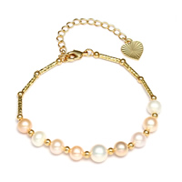 Bracelet en perles de culture d'eau douce, perle d'eau douce cultivée, avec laiton, avec 5cm chaînes de rallonge, Placage de couleur d'or, naturel, 6-7mm, Vendu par Environ 6.5 pouce brin