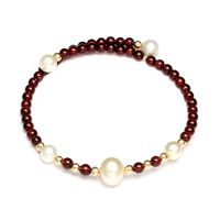 Natural Garnet Bracelet Freshwater Pearl with Garnet & Brass gold color plated January Birthstone 8-9mm Inner Approx 52mm Length Approx 8 Inch Sold By PC