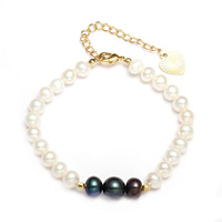 Bracelet en perles de culture d'eau douce, perle d'eau douce cultivée, avec laiton, avec 5cm chaînes de rallonge, pomme de terre, Placage de couleur d'or, 7-8mm, Vendu par Environ 6 pouce brin