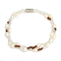 Sötvatten odlade Pearl Bracelet, Freshwater Pearl, med Glass Seed Beads, mässing magnetlås, med 5cm extender kedja, naturlig, 4-5mm, Såld Per Ca 6 inch Strand