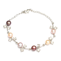Bracelet en perles de culture d'eau douce, perle d'eau douce cultivée, avec laiton, avec 3cm chaînes de rallonge, Placage de couleur platine, avec strass, 12x24x6mm, Vendu par Environ 7 pouce brin