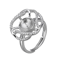 925 Sterling Sølv Ring beslag, Flower, Micro Pave cubic zirconia, 18x18x5mm, 0.6mm, Indvendig diameter:Ca. 16mm, Størrelse:5.5, 3pc'er/Lot, Solgt af Lot