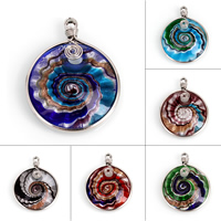 Gold Sand & Silver Foil Lampwork Pendants, with Stainless Steel, Flat Round, handmade, gold foil and silver foil, mixed colors, 46x60x10mm, Hole:Approx 4x5mm, 12PCs/Box, Sold By Box