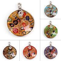 Gold Sand Lampwork Pendants, with Stainless Steel, Flat Round, handmade, inner flower, mixed colors, 48x61x10mm, Hole:Approx 4x5mm, 12PCs/Box, Sold By Box