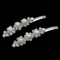 Hair Slide Brass with Freshwater Pearl silver color plated natural & with rhinestone nickel lead & cadmium free Sold By PC