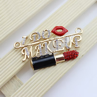 Mobile Phone DIY Decoration, Tibetan Style, Lipstick, gold color plated, with letter pattern & enamel & with rhinestone, lead & cadmium free, 29x54mm, Hole:Approx 1-2mm, 4PCs/Bag, Sold By Bag