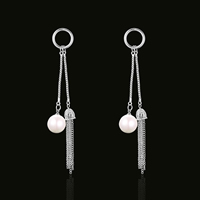 Fashion Fringe Earrings, Tibetan Style, with ABS Plastic Pearl, stainless steel post pin, platinum color plated, lead & cadmium free, 106x16mm, Sold By Pair