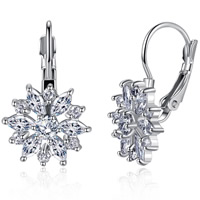 Brass Leverback Earring Flower plated with cubic zirconia nickel lead & cadmium free Sold By Pair