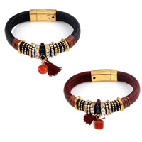 Cowhide Bracelet, with Waxed Nylon Cord & Glass Seed Beads & Resin & Tibetan Style, gold color plated, charm bracelet & for woman & with rhinestone, more colors for choice, Sold Per Approx 8.2 Inch Strand