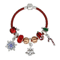 Christmas Holiday Bracelet, Tibetan Style, with cowhide cord & Crystal & Lampwork, plated, charm bracelet & different length for choice & Christmas jewelry & for woman & enamel & with rhinestone, nickel, lead & cadmium free, Sold By Strand
