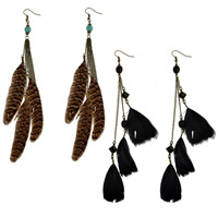 Fashion Feather Earring Zinc Alloy with Feather & Turquoise & Crystal brass earring hook antique bronze color plated Bohemian style & for woman & faceted nickel lead & cadmium free 180mm Sold By Pair
