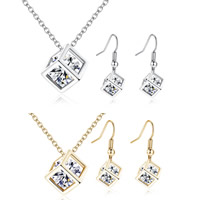 Brass Jewelry Set earring & necklace Rhombus plated oval chain & for woman & with cubic zirconia lead & cadmium free  Length Approx 18 Inch Sold By Bag