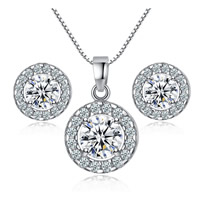 Brass Jewelry Set, earring & necklace, Flat Round, platinum plated, box chain & for woman & with cubic zirconia, lead & cadmium free, 14.5x12mm, 7.4mm, Length:Approx 17.5 Inch, 3Sets/Bag, Sold By Bag