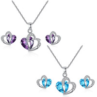Brass Jewelry Set, earring & necklace, Heart, platinum plated, Singapore chain & for woman & with cubic zirconia, more colors for choice, lead & cadmium free, 10.5x13.5mm, 14.3x16mm, Length:Approx 17.5 Inch, Sold By Set