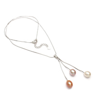 925 Sterling Silver Pearl Necklace, Freshwater Pearl, with sterling silver chain, Teardrop, natural, snake chain, multi-colored, 7-8mm, Sold Per Approx 17 Inch Strand