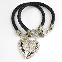 PU Leather Puzzle Bracelet, with Tibetan Style, Heart, antique silver color plated, charm bracelet & Mother Day Jewelry & with letter pattern & for woman & with rhinestone & 2-strand, more colors for choice, nickel, lead & cadmium free, Length:Approx 7.8 Inch, 10Pairs/Lot, Sold By Lot