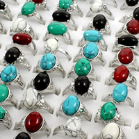 Unisex Finger Ring, Turquoise, with Tibetan Style, platinum color plated, mixed, 19x24x14mm-22x28x18mm, US Ring Size:5-9, 100PCs/Box, Sold By Box