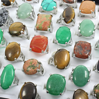 Anel de dedo unissex, misto de pedras semi-preciosas, with liga de zinco, cromado de cor platina, misto, 21x28x19mm-22x30x28mm, tamanho:5-9, 50PCs/box, vendido por box