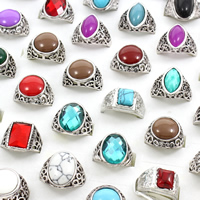 Unisex Finger Ring, Tibetan Style, with Mixed Material, antique silver color plated, mixed, lead & cadmium free, 22x27x22mm-24x30x15mm, US Ring Size:5-9, 50PCs/Box, Sold By Box