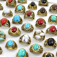 Unisex Finger Ring, Tibetan Style, with Turquoise, antique gold color plated, mixed, lead & cadmium free, 22x27x22mm-24x30x15mm, US Ring Size:5-9, 50PCs/Box, Sold By Box