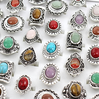 Unisex Finger Ring, Tibetan Style, with Gemstone, antique silver color plated, mixed, lead & cadmium free, 22x27x22mm-24x30x15mm, US Ring Size:5-9, 50PCs/Box, Sold By Box