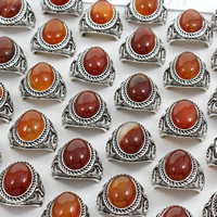 Unisex Finger Ring, Tibetan Style, with Red Agate, Flat Oval, antique silver color plated, lead & cadmium free, 26x32x24mm, US Ring Size:5-9, 50PCs/Box, Sold By Box