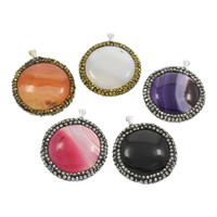 Lace Agate Pendants, with Tibetan Style bail & Rhinestone Clay Pave, Flat Round, platinum color plated, more colors for choice, 34x39x7mm, Hole:Approx 2mm, Sold By PC