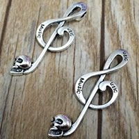 Musical Instrument Shaped Tibetan Style Pendants, Music Note, antique silver color plated, with skull pattern & with letter pattern, lead & cadmium free, 41.5x14.8mm, Hole:Approx 2mm, 50PCs/Bag, Sold By Bag