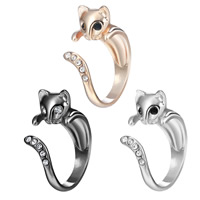 Zinc Alloy Cuff Finger Ring Cat plated adjustable & for woman & with rhinestone lead & cadmium free 15-16mm US Ring Sold By PC