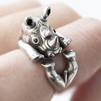 Zink Alloy Cuff finger ring, Rhinoceros, antik silver pläterad, justerbar & för kvinna & med strass, leda & kadmiumfri, 15-16mm, Storlek:4-5, Säljs av PC