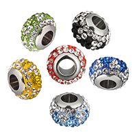 Rhinestone European Beads, Clay Pave, Rondelle, stainless steel single core without troll & with rhinestone, more colors for choice, 12x8x12mm, Hole:Approx 5mm, 10PCs/Lot, Sold By Lot