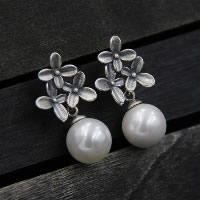 Freshwater Pearl Earrings, Thailand Sterling Silver, with Freshwater Pearl, Flower, natural, for woman, 13mm, Sold By Pair
