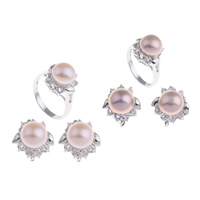 Natural Cultured Freshwater Pearl Jewelry Sets, finger ring & earring, Brass, with Freshwater Pearl, with 6cm extender chain, Flower, platinum color plated, with rhinestone, more colors for choice, nickel, lead & cadmium free, 14x14x13mm, 20x32x14mm, US Ring Size:7.5, Sold By Set