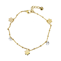 Stainless Steel Jewelry Bracelet, with Cubic Zirconia, with 1.5lnch extender chain, Flower, gold color plated, charm bracelet & oval chain & for woman, 8x9mm, 1.5mm, 2.5mm, Length:Approx 8.5 Inch, 5Strands/Lot, Sold By Lot