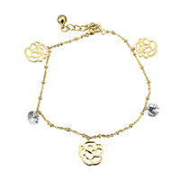 Stainless Steel Jewelry Bracelet, with Cubic Zirconia, with 1.5lnch extender chain, Flower, gold color plated, charm bracelet & oval chain & for woman & hollow, 14x16mm, 1.5mm, 2.5mm, Length:Approx 9 Inch, 5Strands/Lot, Sold By Lot